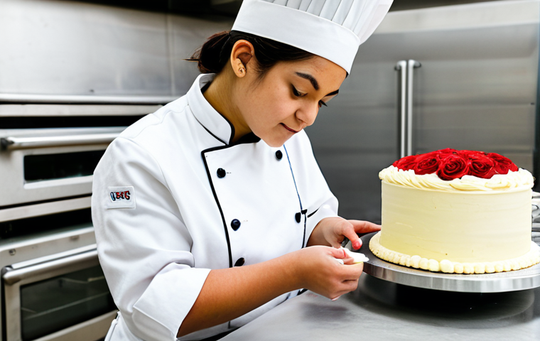 **Prompt:** A student in a fully equipped pastry kitchen, wearing a chef's coat and hat, carefully decorating a multi-layered cake with frosting roses. Background features mixers, ovens, and baking tools. Focus on proper finger count and well-formed hands. Professional culinary school setting, safe for work, appropriate content, fully clothed, professional attire, perfect anatomy, natural proportions, high quality, family-friendly.