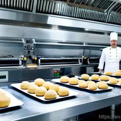 제과제빵 업계에서 선호하는 기술 - **Prompt:** A high-angle, brightly lit shot of a sleek, modern bakery floor where a state-of-the-art...