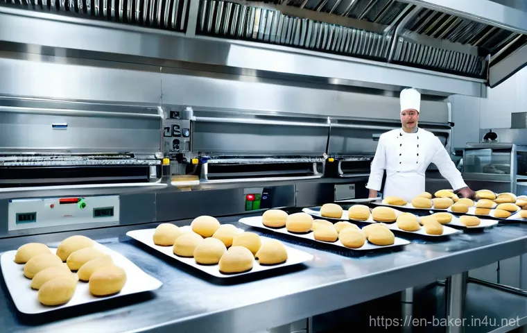 제과제빵 업계에서 선호하는 기술 - **Prompt:** A high-angle, brightly lit shot of a sleek, modern bakery floor where a state-of-the-art...