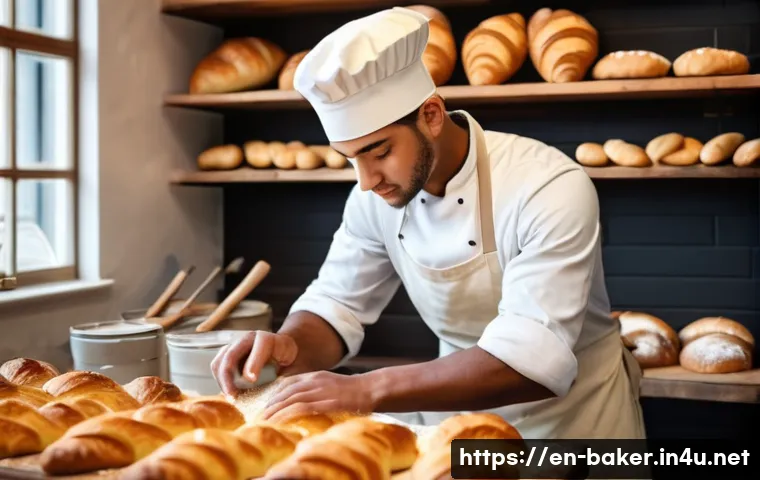 제과제빵 취업에 도움되는 경력 관리 - A diverse bakery kitchen scene showing a young professional baker working in an artisan bakery setti...