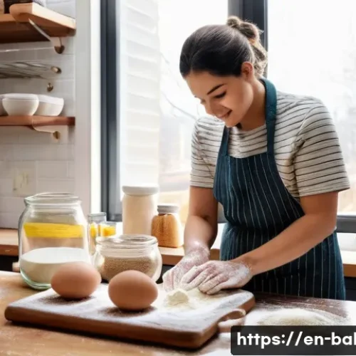 제과제빵 자격증 독학 성공 후기 - A cozy home kitchen scene showing a passionate baker in casual clothes carefully kneading elastic br...