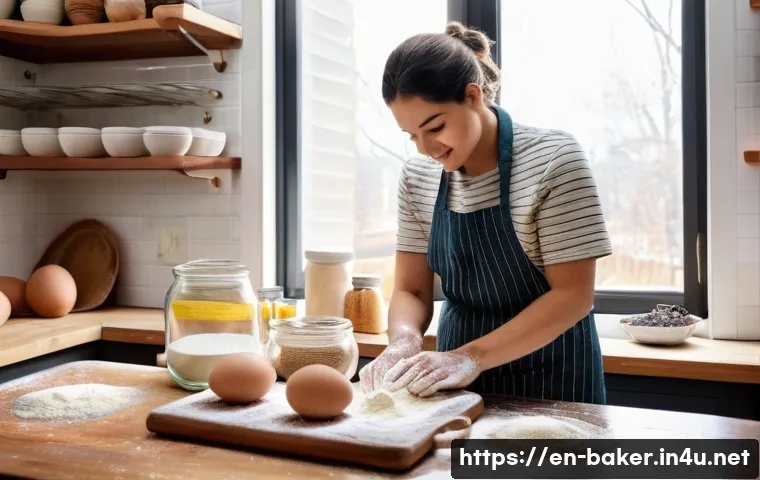 제과제빵 자격증 독학 성공 후기 - A cozy home kitchen scene showing a passionate baker in casual clothes carefully kneading elastic br...