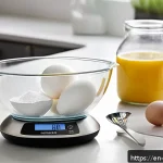 제과제빵 실기 시험 필수 준비물 - A modern kitchen scene showcasing a sleek digital kitchen scale with a tare function in use, weighin...